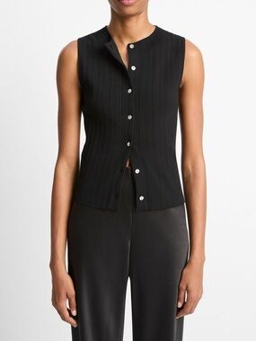 Vince Black Ribbed Button-Front Crop Top